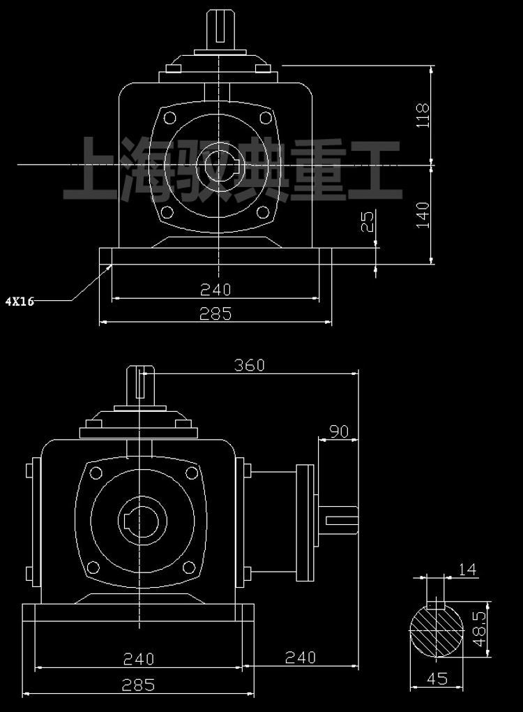 螺旋錐齒輪轉向箱T10-1-U換向器安裝CAD外型圖紙
